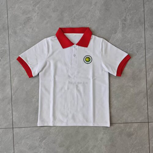 订做杭州市学军小学校服短袖上衣白色拼红色翻领T恤POLO衫学生服