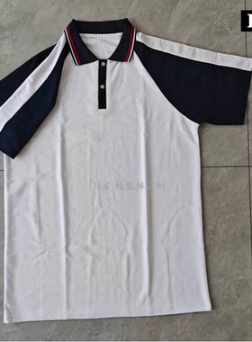 订做伊川县实验高中学生校服短袖白色拼藏青色红白条翻领T恤半袖