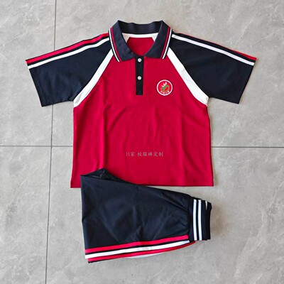 订做增城沙埔小学男女学生校服枣红色拼白藏蓝短袖T恤POLO衫班服