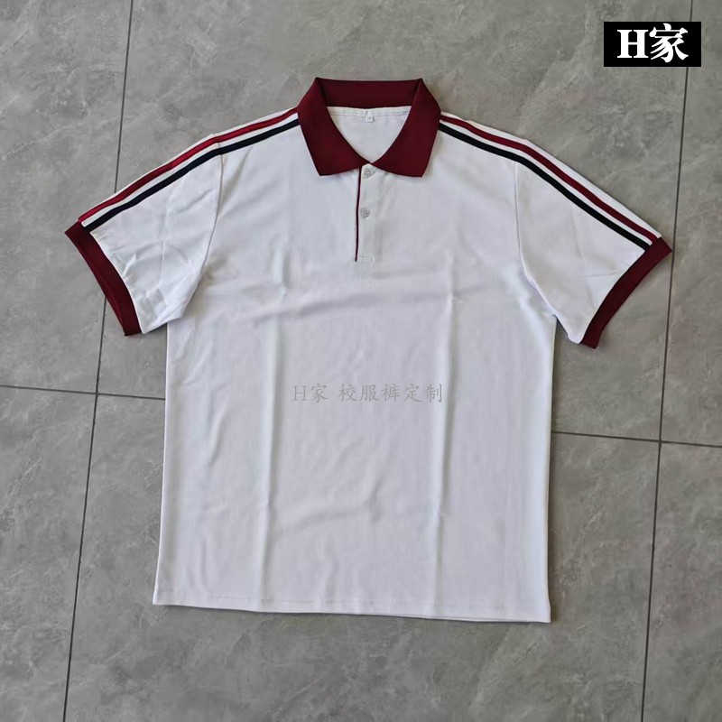 订做烟台开发区第七初级中学生校服白色短袖上衣袖拼深蓝杠酒红杠