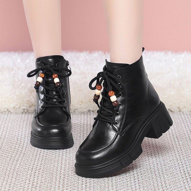 法式串珠洋气小短靴女2025冬季新款时尚百搭厚底增高复古加绒棉靴,女鞋,时装靴,淘宝优惠券,粉丝福利购,淘宝优惠卷