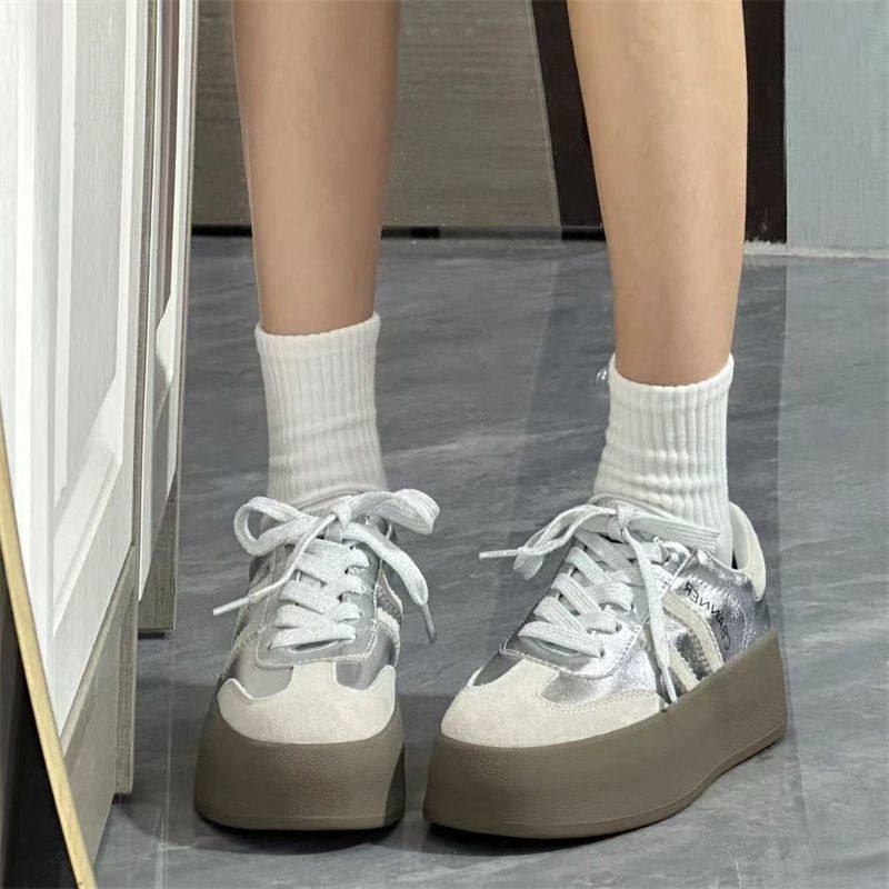 银色德训鞋女2026新款小个子增高百搭平底系带小白鞋复古时尚女鞋,运动鞋new,运动休闲鞋,淘宝优惠券,粉丝福利购,淘宝优惠卷