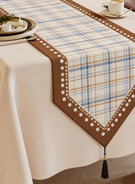 橙色回忆格纹桌旗棉麻长条斗柜鞋柜盖布简约现代餐桌茶几台面装饰