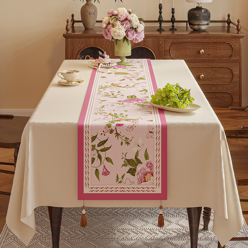 粉色花海系列桌旗雙層天鵝絨蓋布