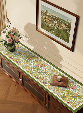 电视柜桌垫防尘防水皮革盖垫绿色新款美式田园风长条形餐边柜盖布