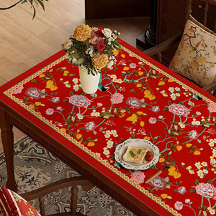 中式手绘花鸟复古红色桌垫轻奢高级感防水防油免洗皮革桌布茶几垫