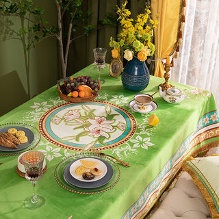 法式田园花卉餐桌布美式林荫绿系列桌面台布轻奢绒面流苏圆桌布