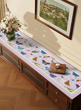 电视柜桌布紫色蝴蝶长条形边柜鞋柜皮革盖布防水防油免洗台面垫