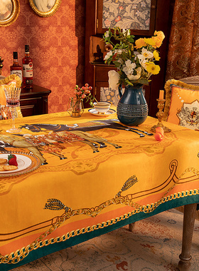 欧式轻奢马橙色短毛绒桌布防水防烫雪尼尔长方形台布茶几圆桌盖布