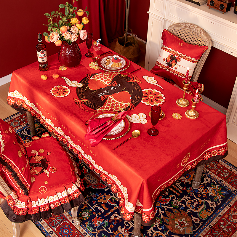 新年喜庆红色桌布双鱼锦鲤聚财餐桌台布防水雪尼尔茶几布电视柜