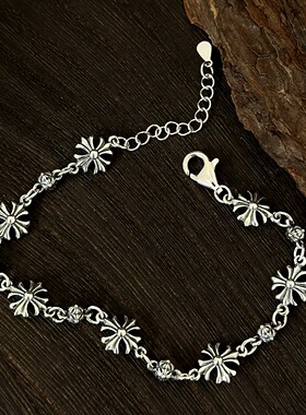 s925纯银复古十字花镶水钻手链