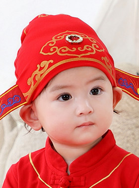 婴儿宝宝红色抓周帽周岁帽状元帽