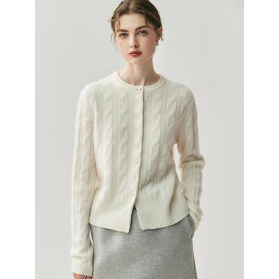 2025新款韩版山羊绒衫女圆领麻花针织开衫毛衣外套宽松针织开衫