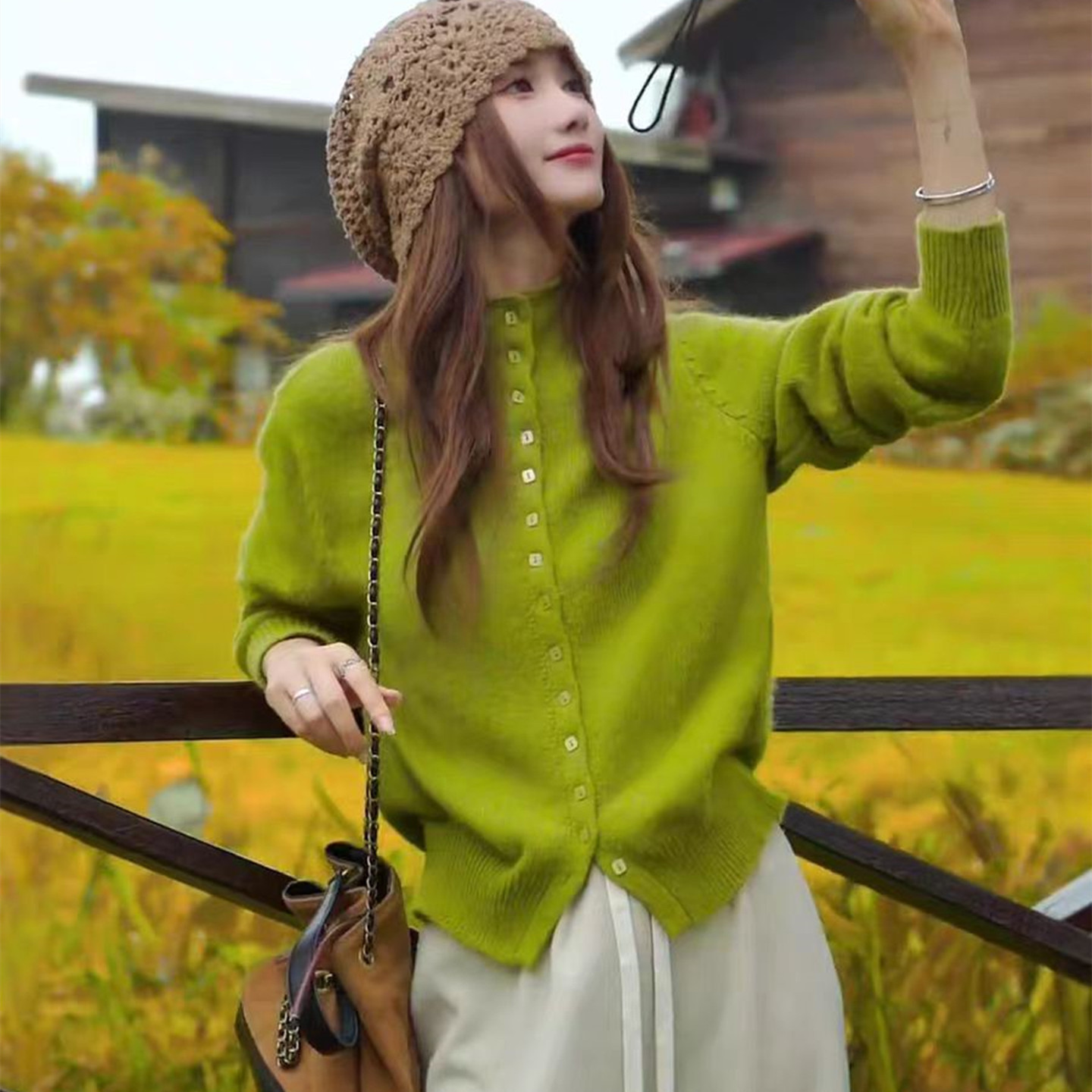 温柔韩系风绿色开衫羊绒毛针织衫