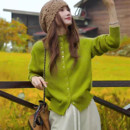 温柔韩系风绿色开衫 加厚上衣 女针织高领毛衣纽扣软糯宽松山羊绒衫