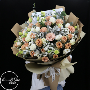 混搭曼塔玫瑰卡布奇诺玫瑰花束花店洋桔梗生日鲜花速递同城上海