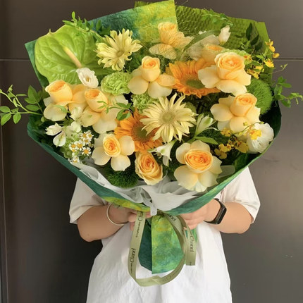 毕业季油画风向日葵花束奶油杯玫瑰生日鲜花上海鲜花速递同城花店