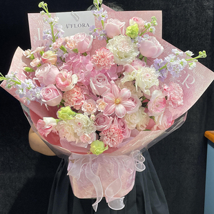 鲜花速递同城上海粉玫瑰花束花店粉郁金香康乃馨生日配送花小时达