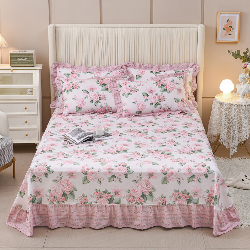 小清新纯棉床单单件花边全棉被单三件套双人斜纹田园风印花朵