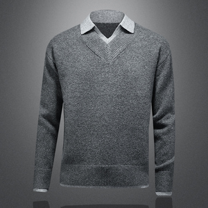 阔版大码假两件翻领粗针毛衣.重磅加厚.老钱风56300 P130缕空灰，男装针织衫/毛衣，钱塘6022