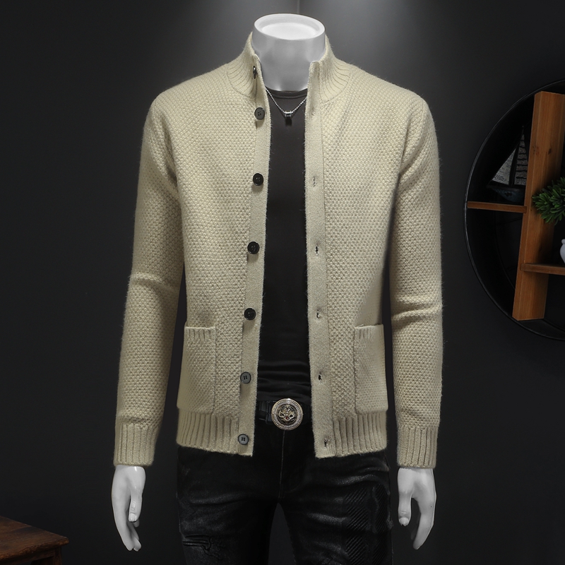 重磅加厚.老钱风立领系扣真口袋外套毛衣开衫56285P130假模卡其，男装针织衫/毛衣，钱塘6022