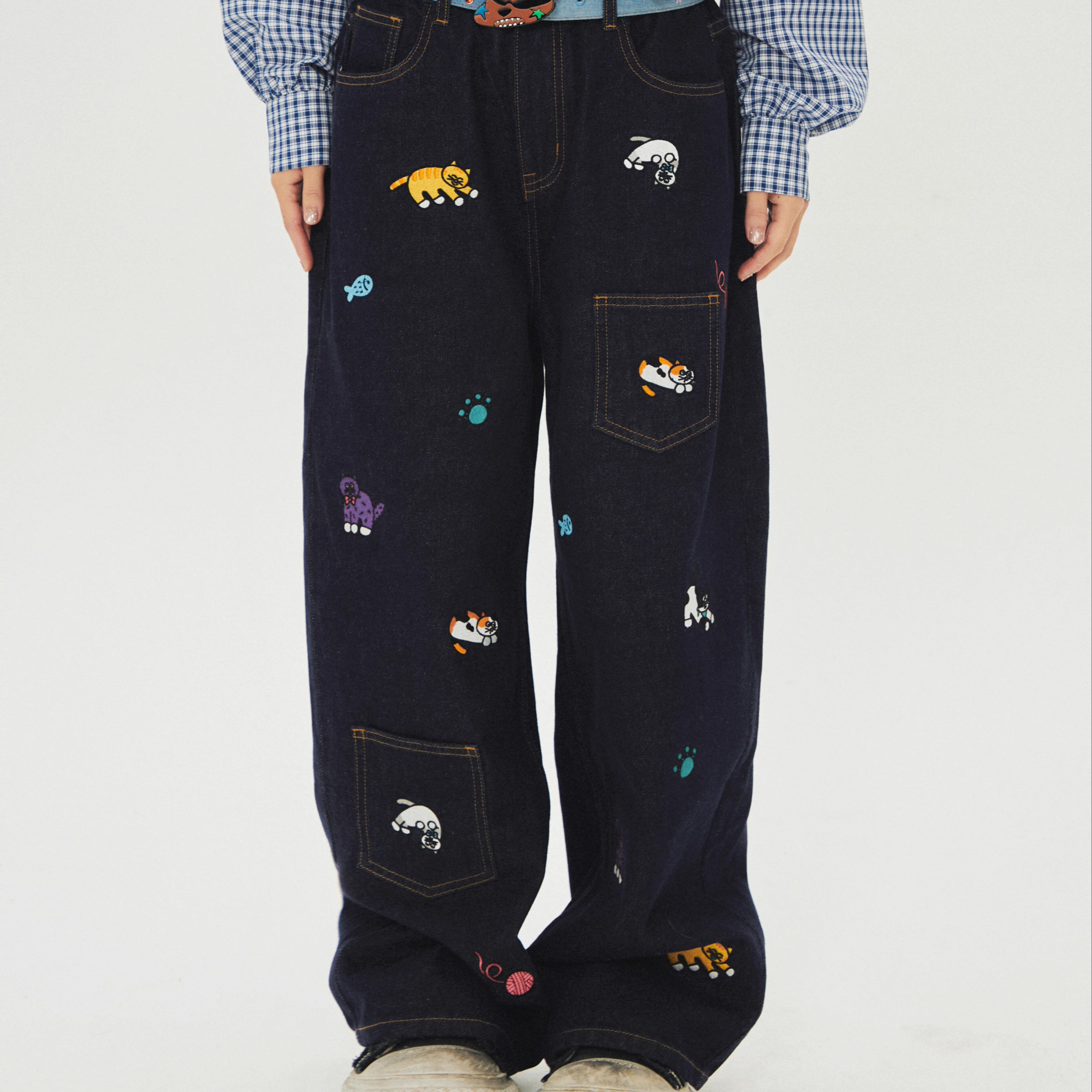 Robootoo原创手绘插画童趣小众可爱刺绣宽松显瘦百搭弯刀牛仔裤秋,女装/女士精品,牛仔裤,淘宝优惠券,粉丝福利购,淘宝优惠卷