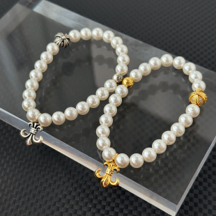 复古金童军花手串珍珠手链情侣十字架高级感小众经典 点缀吊坠精致