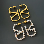 欧美明星同款 字母光面金色几何简约耳饰人造珍珠小众设计感耳环女