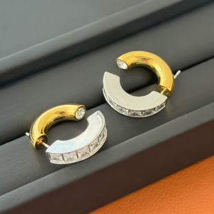 新款 耳饰 欧美小众设计金银拼色锆石镶钻轻奢耳环女高级感精致时尚
