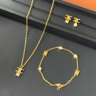 2026年新款 金色女士 高级感方钻水滴锆石耳钉项链手链套组耳环套装