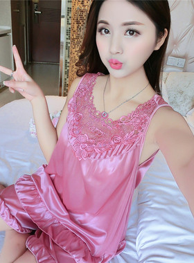 夏季女士仿真丝性感冰丝背心无袖吊带加肥胖MM孕妇家居服睡衣睡裙