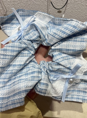 韩系小清新蓝色格纹蝴蝶结方巾发圈芭蕾风扎马尾头绳女高级感发绳