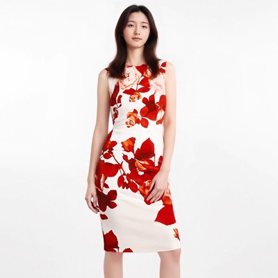 新中式改良旗袍一步裙印花收腰气质优雅无袖中长款大码女装连衣裙
