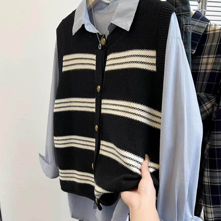 黑色条纹马甲百搭春秋新款女士休马夹