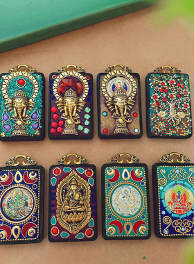 西藏唐卡吊坠扎基拉姆黄财神佛牌项链民族风黑檀木招财象绿度母