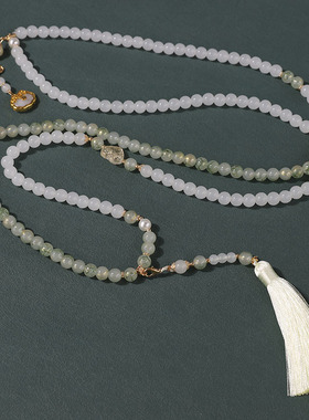 新中式项链女百搭感串珠浅色绿玛瑙混搭玻璃珠冰丝流苏长项链