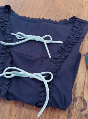 rom2学院风藏蓝色 绑带蝴蝶结 复古方领假两件 长袖修身弹力上衣