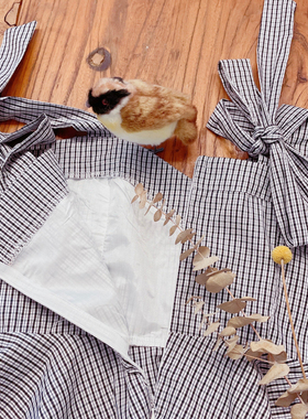 rom2绑带蝴蝶结 复古可爱黑色格子 学院风荷叶边打底小吊带背心