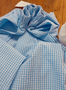 rom2有手插袋 可爱蓝色格子 减龄学院风 抽绳松紧腰 显瘦直筒长裤