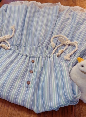 rom2高品质 森女田园风 复古蓝色竖条纹 有内衬 蕾丝边吊带连衣裙