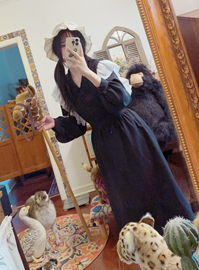 rom2日系森女田园风 法式中古风 荷叶边黑色中长款雪纺裙背心裙