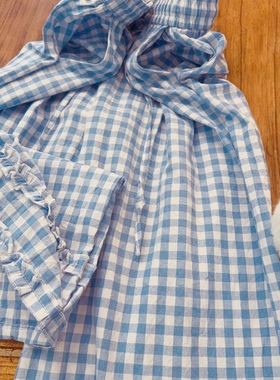 rom2高品质 有口袋 抽绳松紧腰 蓝色格子 森女田园风荷叶边直筒裤