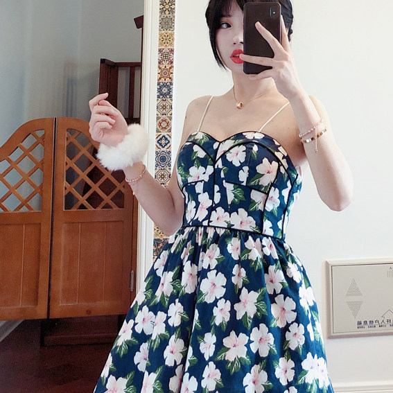 肩带可解开带网纱森女复古花朵气质修身性感礼服吊带裙