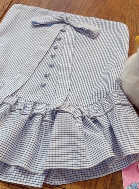 rom2蝴蝶结是胸针 可拆卸 温柔蓝色格子 森女田园风打底裹胸衣