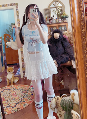 rom2温柔蓝色 甜美小花边披肩 小鹿印花 田园风可爱减龄短袖T恤