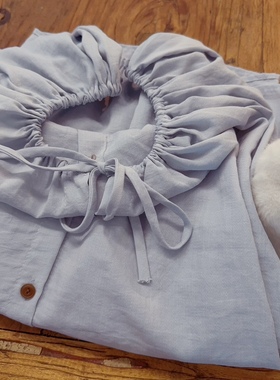 rom2领口可抽绳调节 禅意风复古灰蓝色 绑带休闲灯笼袖雪纺衫衬衫