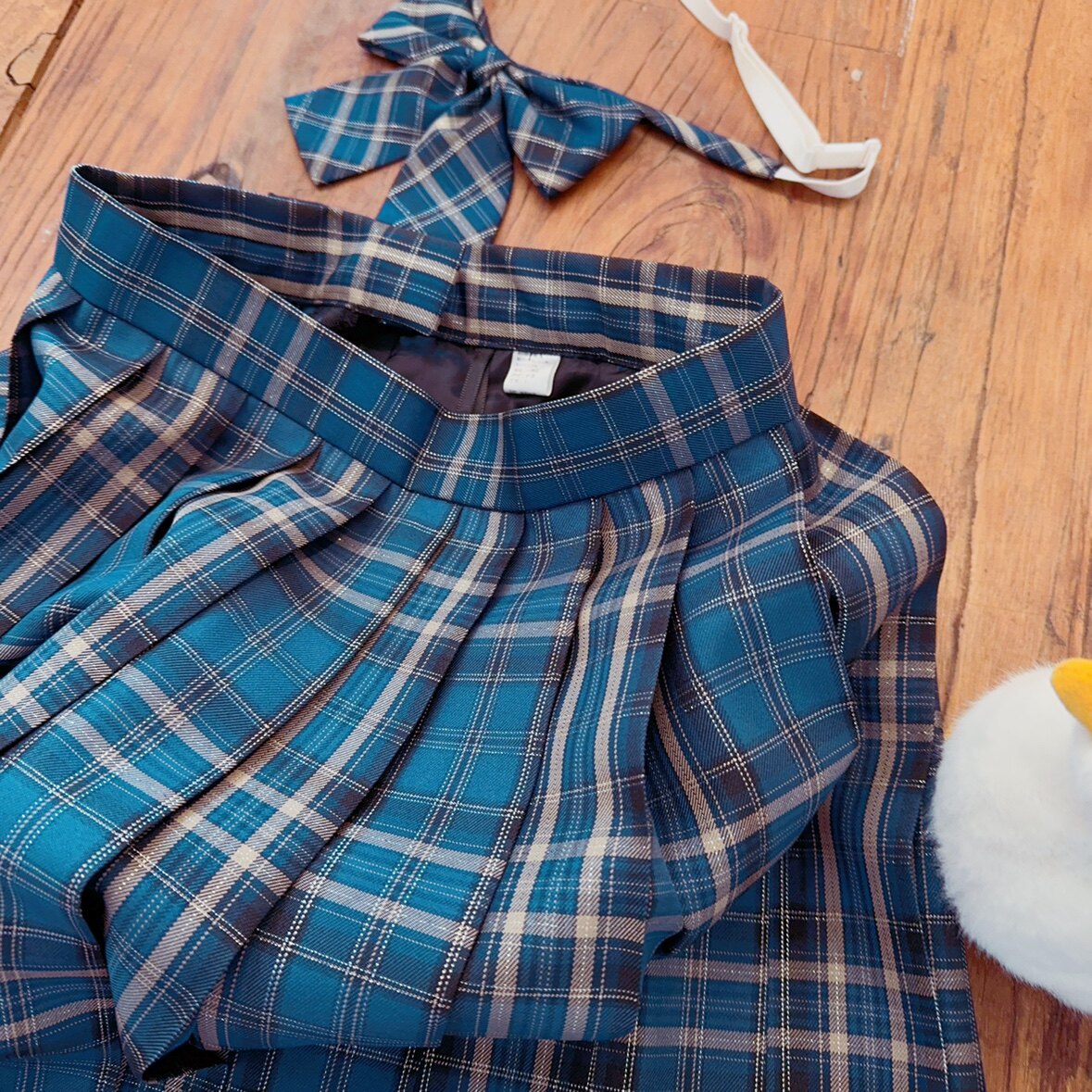 蓝色格子高腰风琴褶半身裙短裙