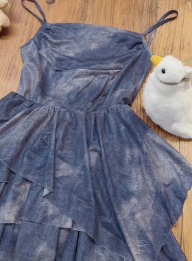 rom2夜空繁星 水墨印花 芭蕾风 藏蓝色 肩带可调 法式吊带连衣裙