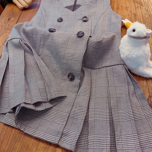 rom2叠穿JK连衣裙 风琴褶秋冬背心裙 复古双排扣灰色格子学院风