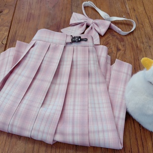 日系学院风 送领结 JK制服裙 风琴褶百褶裙 粉蓝格子 rom2小码